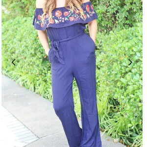 Davi & Dani Embroidered Off Shoulder Floral Jumpsuit 'Love Lies' Size Medium